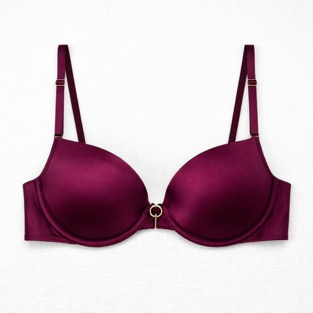 Victorias Secret Satin Push Up Bra 32D Very Sexy Low Cut Demi Magenta Plum